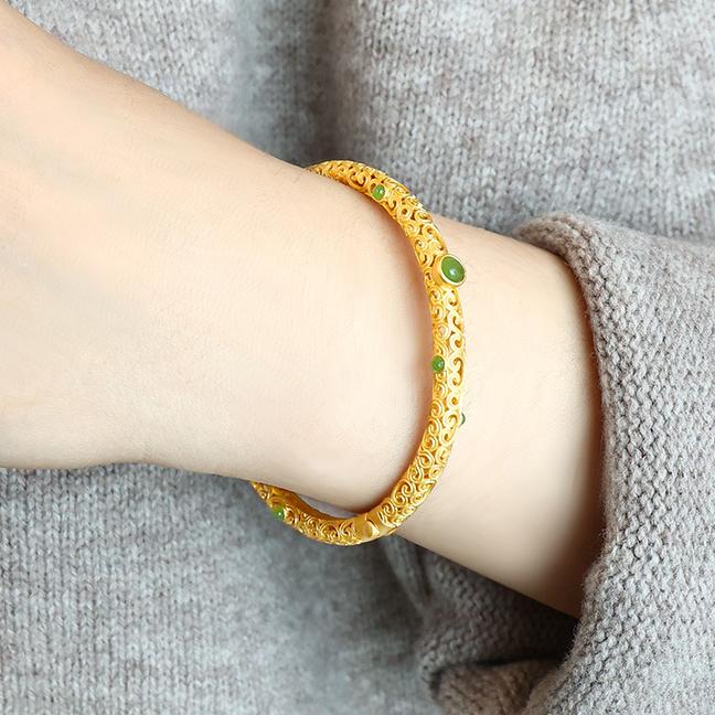 Cyan Jade Copper Auspicious Clouds Calm Healing Bracelet Bangle