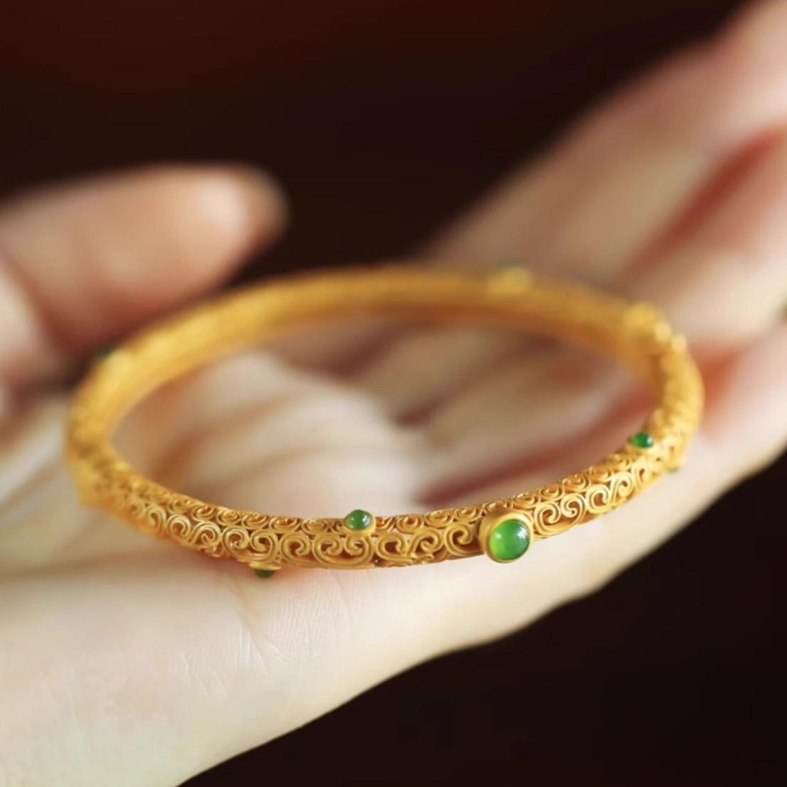 Cyan Jade Copper Auspicious Clouds Calm Healing Bracelet Bangle