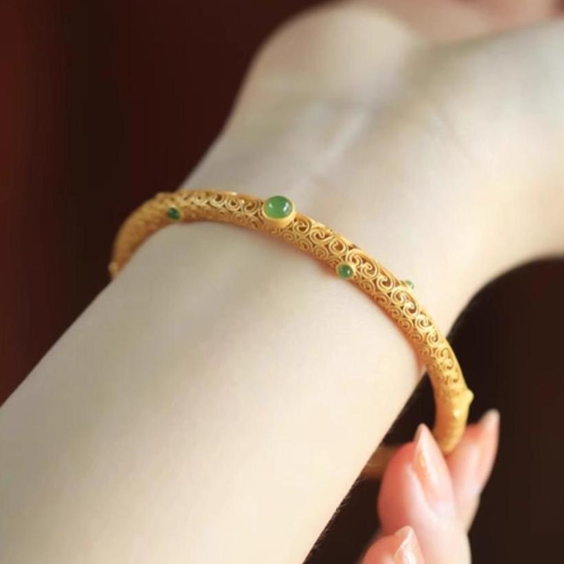 Cyan Jade Copper Auspicious Clouds Calm Healing Bracelet Bangle