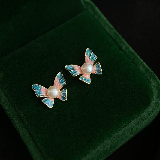"Enchanted Butterfly"  18K Gold Plated Pearl Enamel Earrings